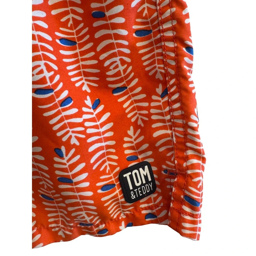 Tom & Teddy Mens Orange Leaf Print Swim Trunks Size Large Elastic Waist Shorts